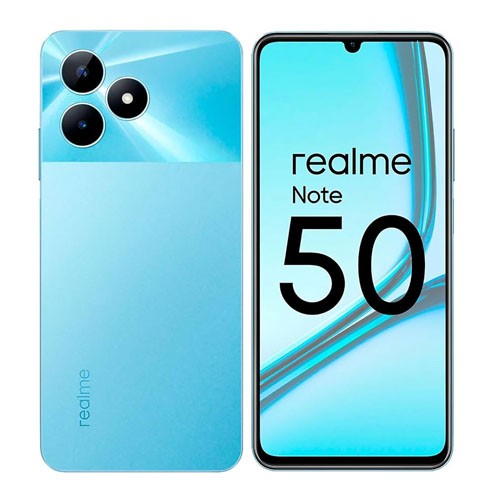 Realme Note 50 smartphone in blue color with dual rear cameras and the brand logo visible on the front screen.
